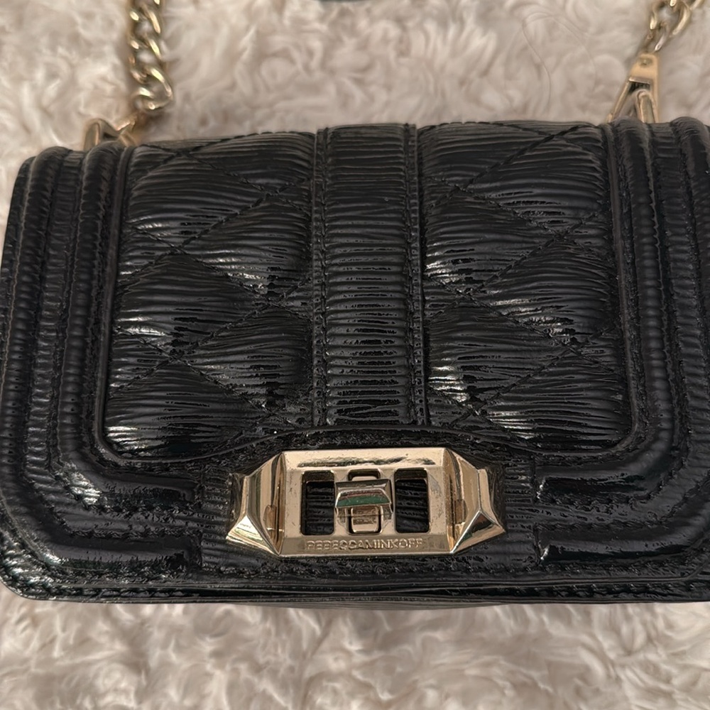 Rebecca Minkoff black patent mini Love crossbody chain purse